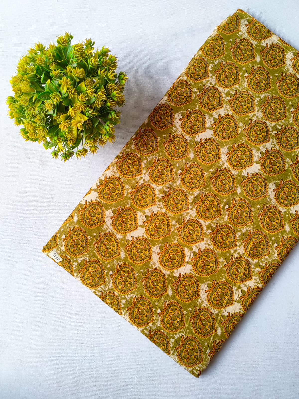 Olive Green Mango Paisley Screen Print Pure Cotton Fabric From Tulsi Prints