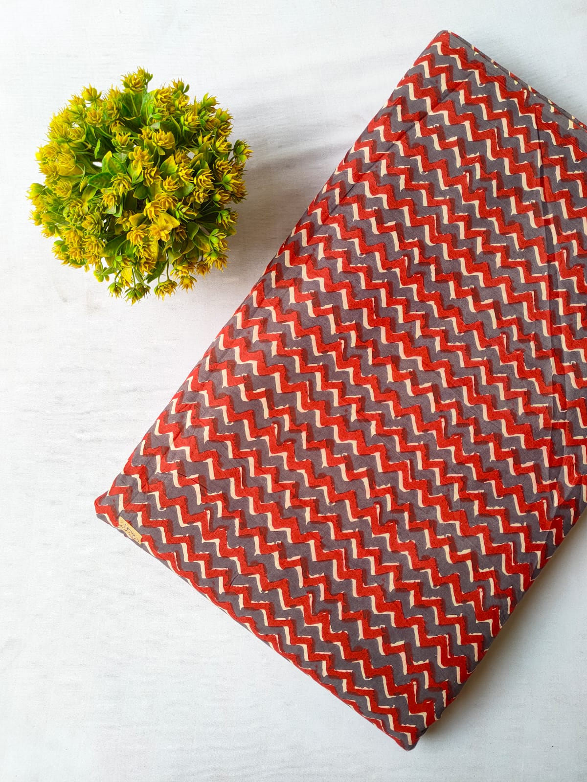Rust Orange And Grey Zigzag Screen Print Pure Cotton Fabric From Tulsi Prints