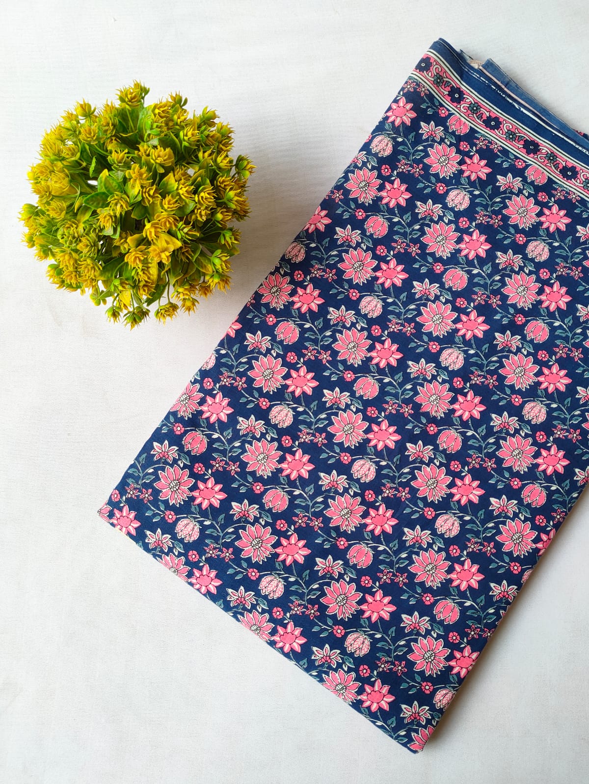 Navy Blue Floral Vine Screen Print Pure Cotton Fabric From Tulsi Prints