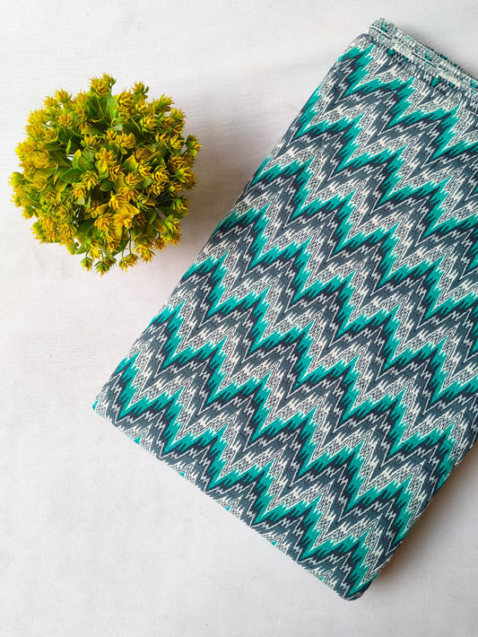 Teal Blue Zigzag Screen Print Pure Cotton Fabric From Tulsi Prints