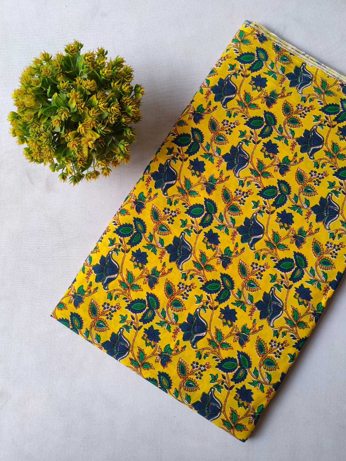 Yellow Floral Vine Screen Print Pure Cotton Fabric From Tulsi Prints