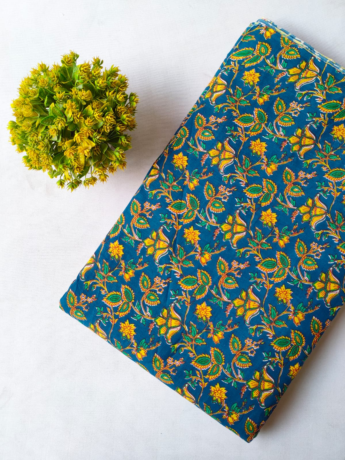 Teal Blue Floral Vine Screen Print Pure Cotton Fabric From Tulsi Prints