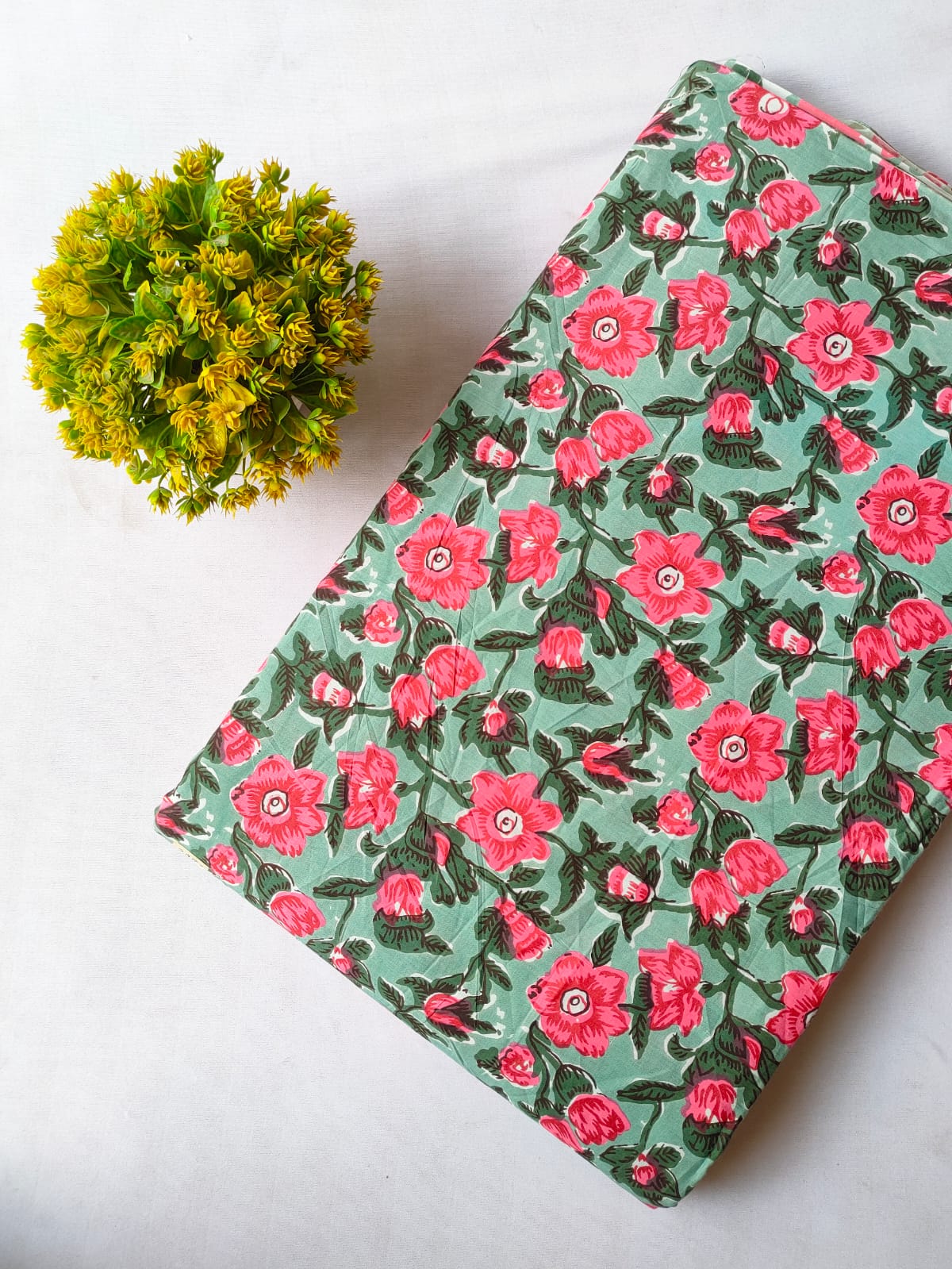 Mint Green Floral Vine Screen Print Pure Cotton Fabric From Tulsi Prints