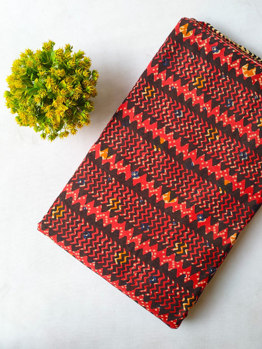 Brown And Red Zigzag Screen Print Pure Cotton Fabric From Tulsi Prints