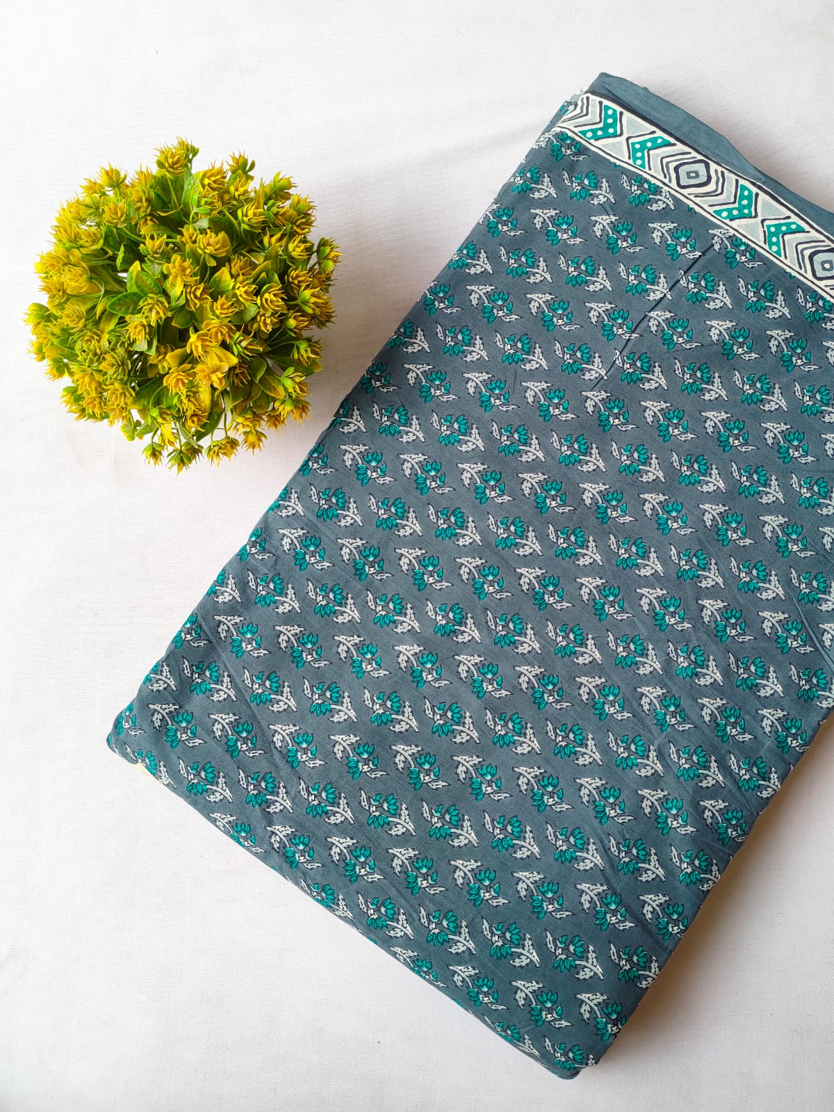 Slate Grey Floral Vine Screen Print Pure Cotton Fabric From Tulsi Prints