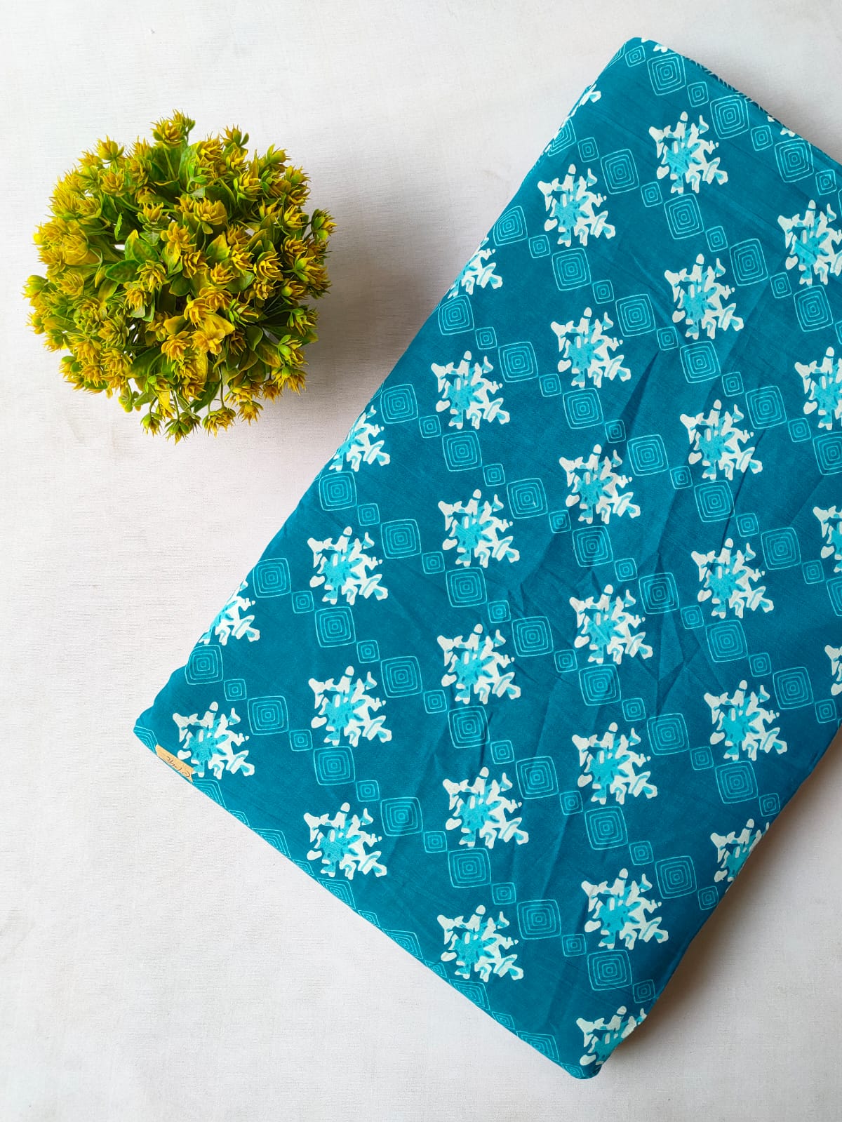 Teal Blue Abstract Motif Screen Print Pure Cotton Fabric From Tulsi Prints
