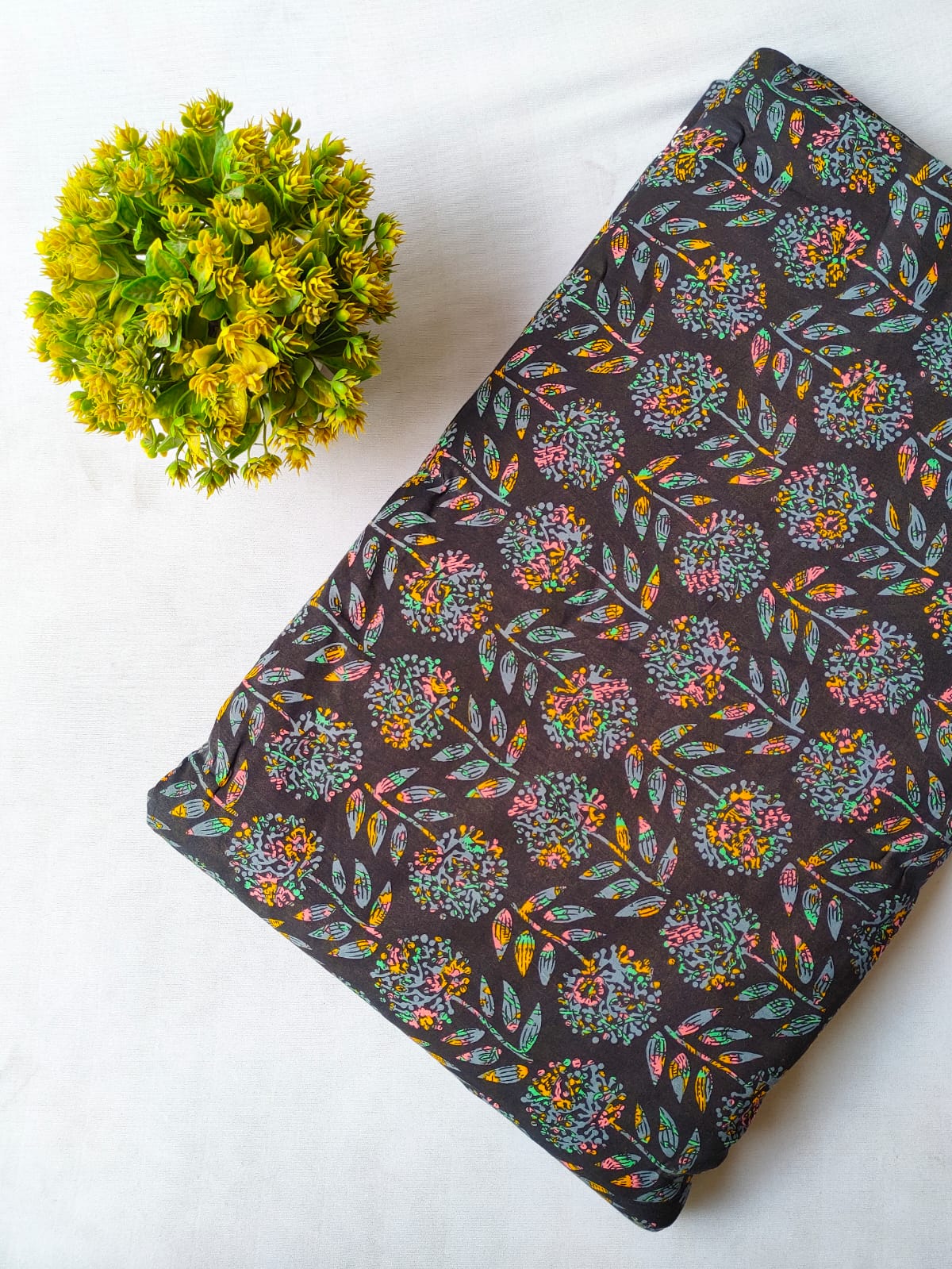 Black Floral Vine Screen Print Pure Cotton Fabric From Tulsi Prints