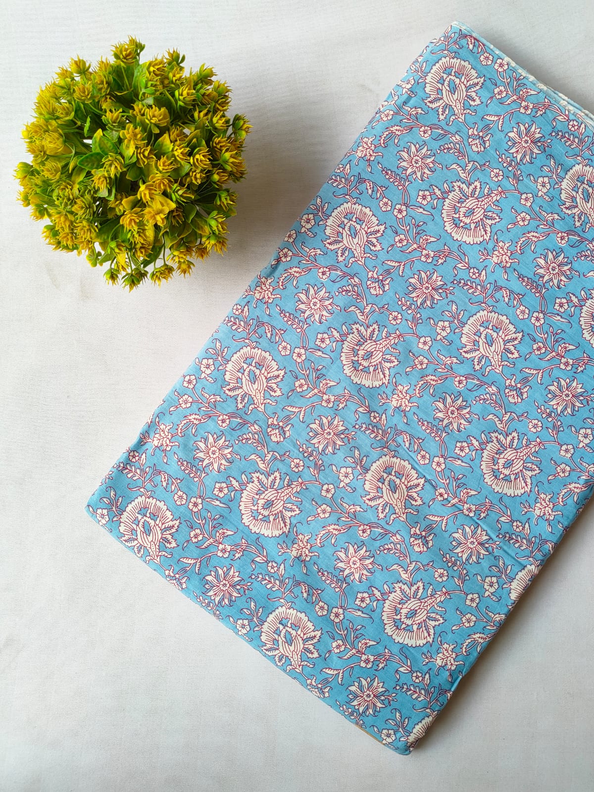 Sky Blue Floral Vine Screen Print Pure Cotton Fabric From Tulsi Prints