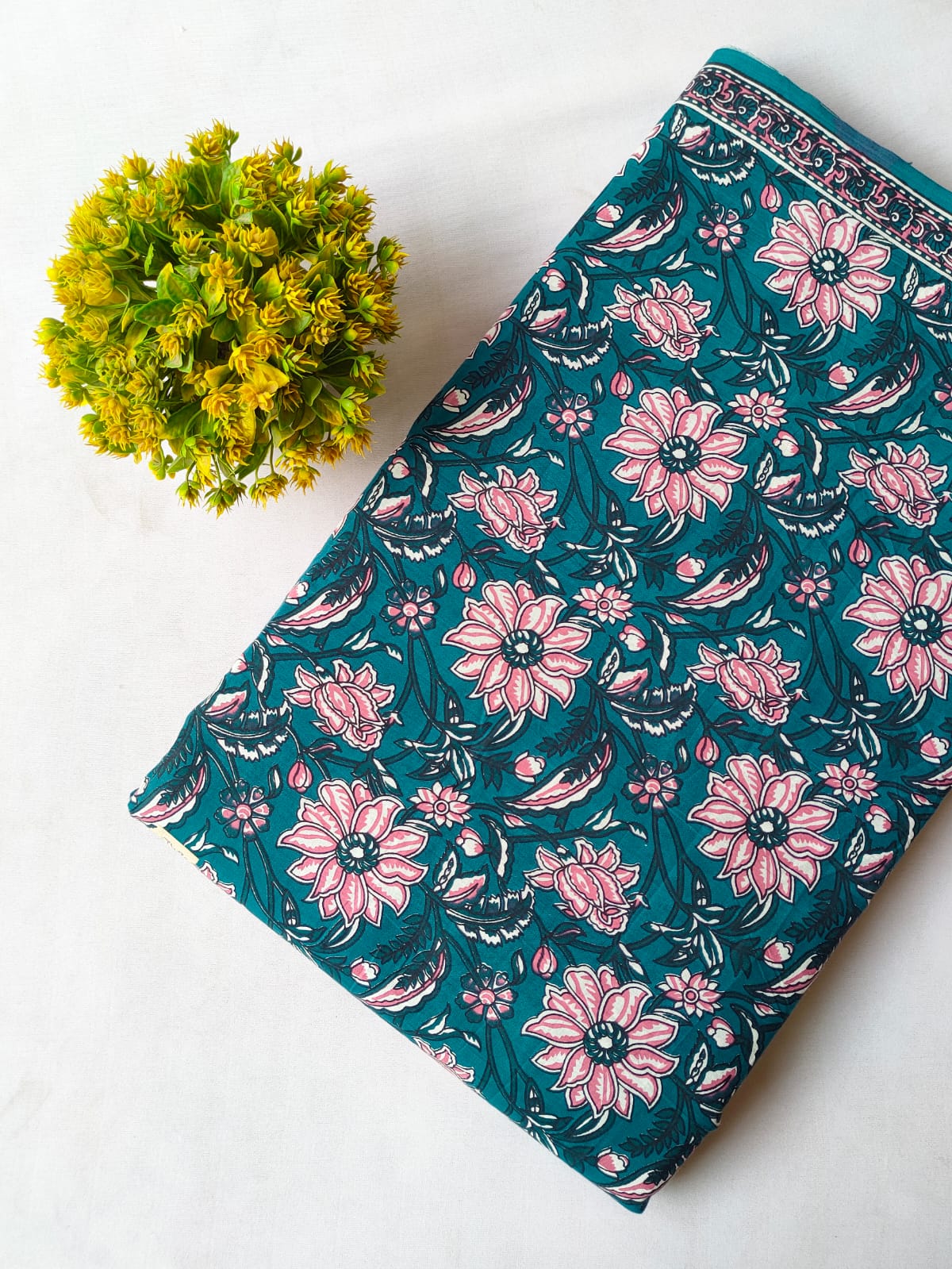 Teal Blue Floral Blossom Screen Print Pure Cotton Fabric From Tulsi Prints