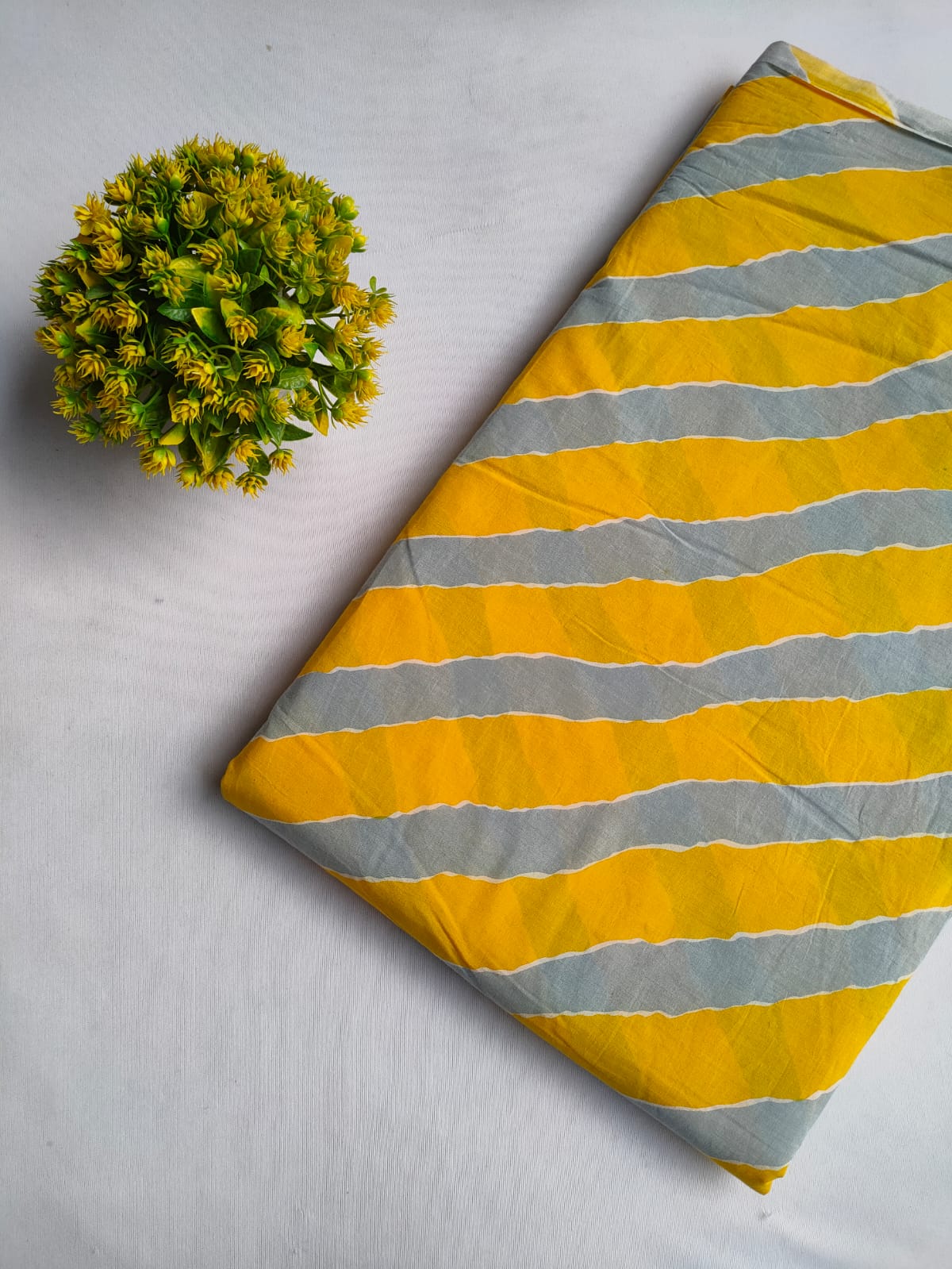 Yellow and Gray Wavy Stripe Screen Print Pure Cotton Fabric From Tulsi Prints