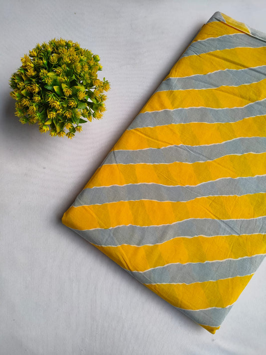 Yellow and Gray Wavy Stripe Screen Print Pure Cotton Fabric From Tulsi Prints
