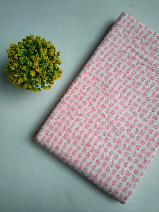 Pink Elephant Motif Screen Print Pure Cotton Fabric From Tulsi Prints