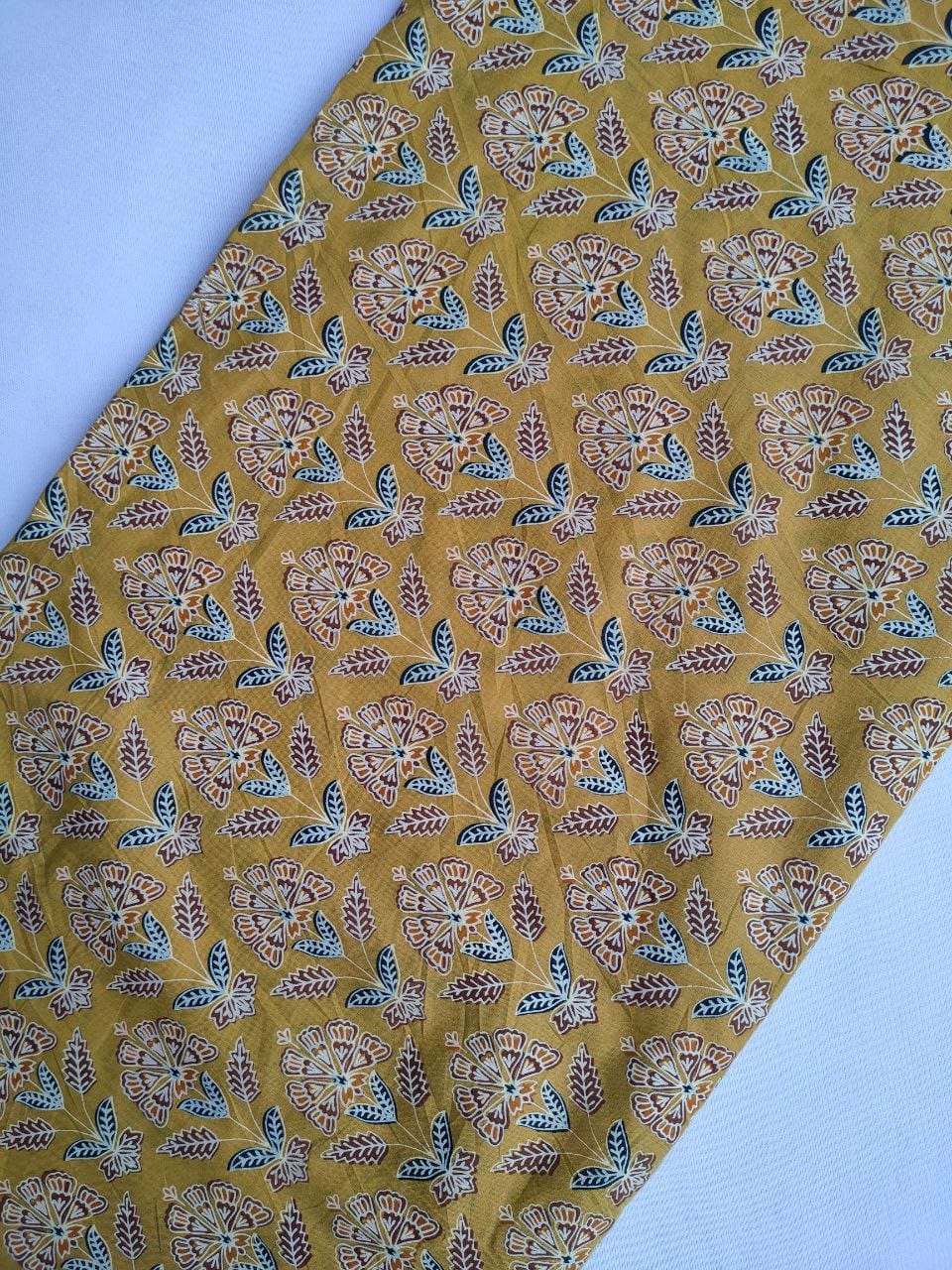 Mustard Yellow Floral Vine Screen Print Pure Cotton Fabric From Tulsi Prints