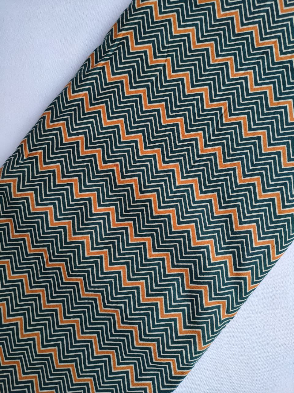 Green and Orange Zigzag Screen Print Pure Cotton Fabric From Tulsi Prints