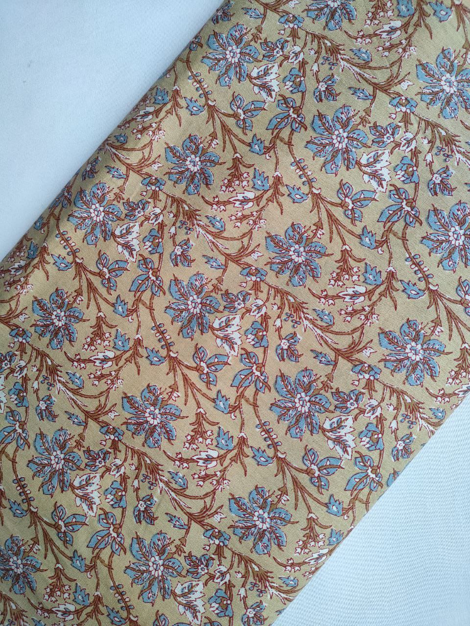 Mustard Yellow Floral Vine Screen Print Pure Cotton Fabric From Tulsi Prints