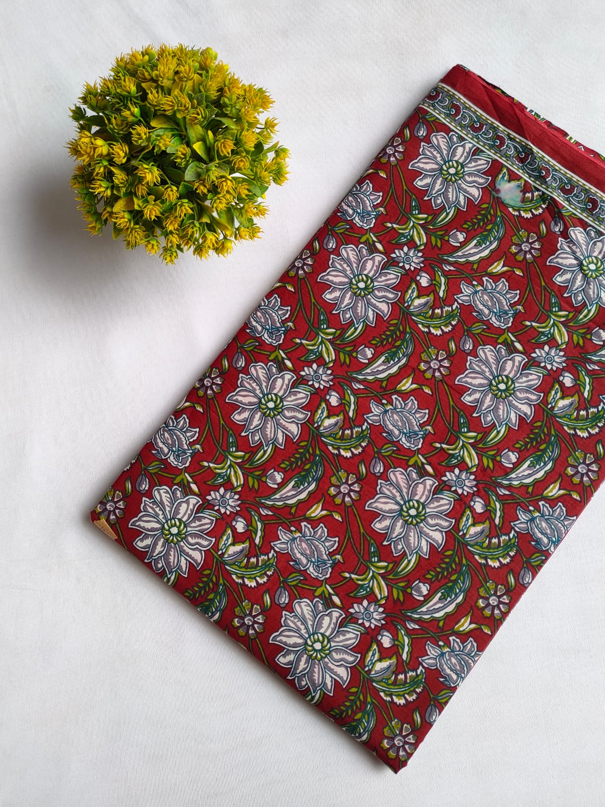 Red Floral Vine Screen Print Pure Cotton Fabric From Tulsi Prints