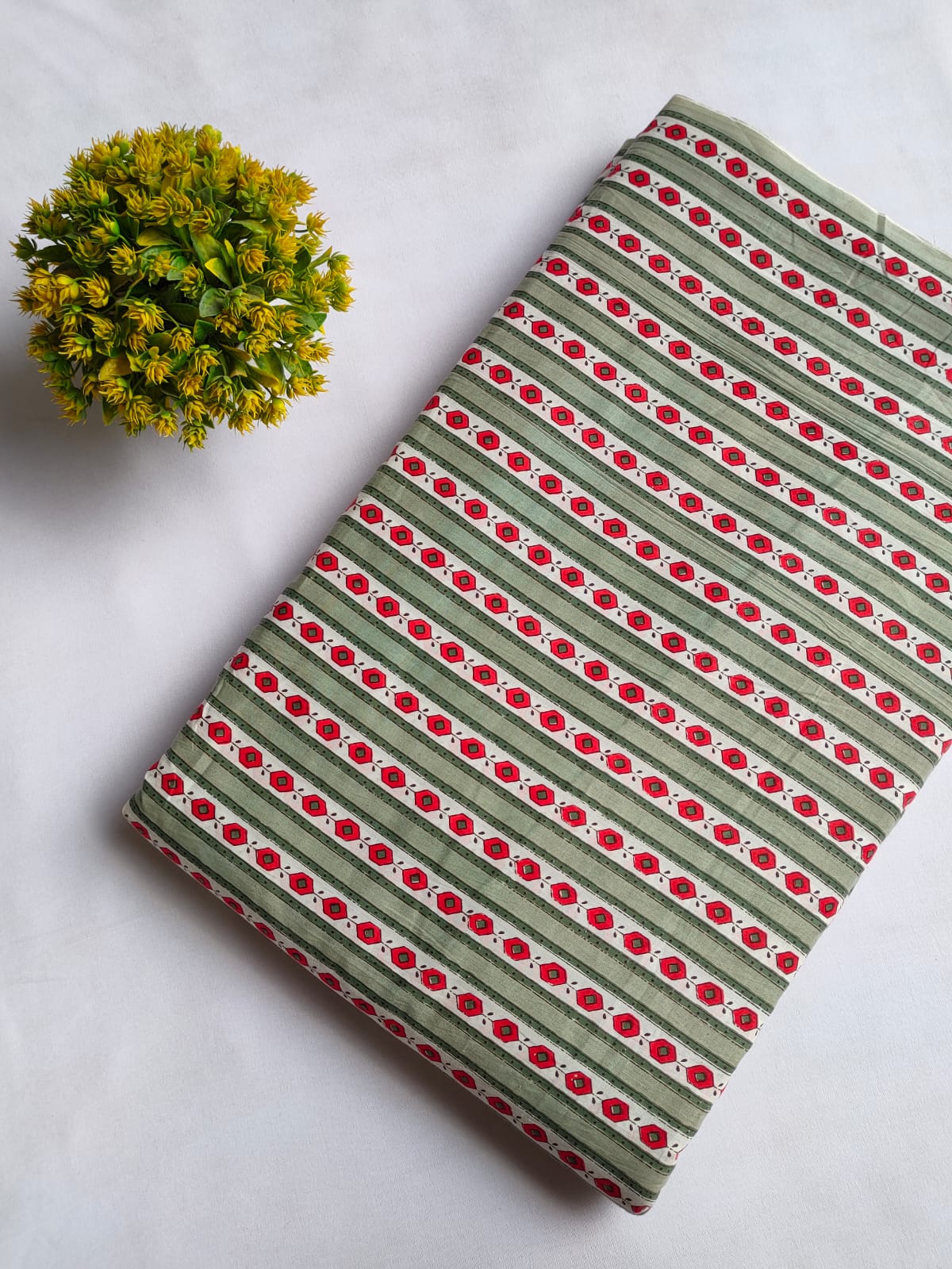 Sage Green Geometric Stripes Screen Print Pure Cotton Fabric From Tulsi Prints