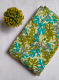 Olive Green And Turquoise Leaf Botanical Screen Print Pure Cotton Fabric From Tulsi Prints