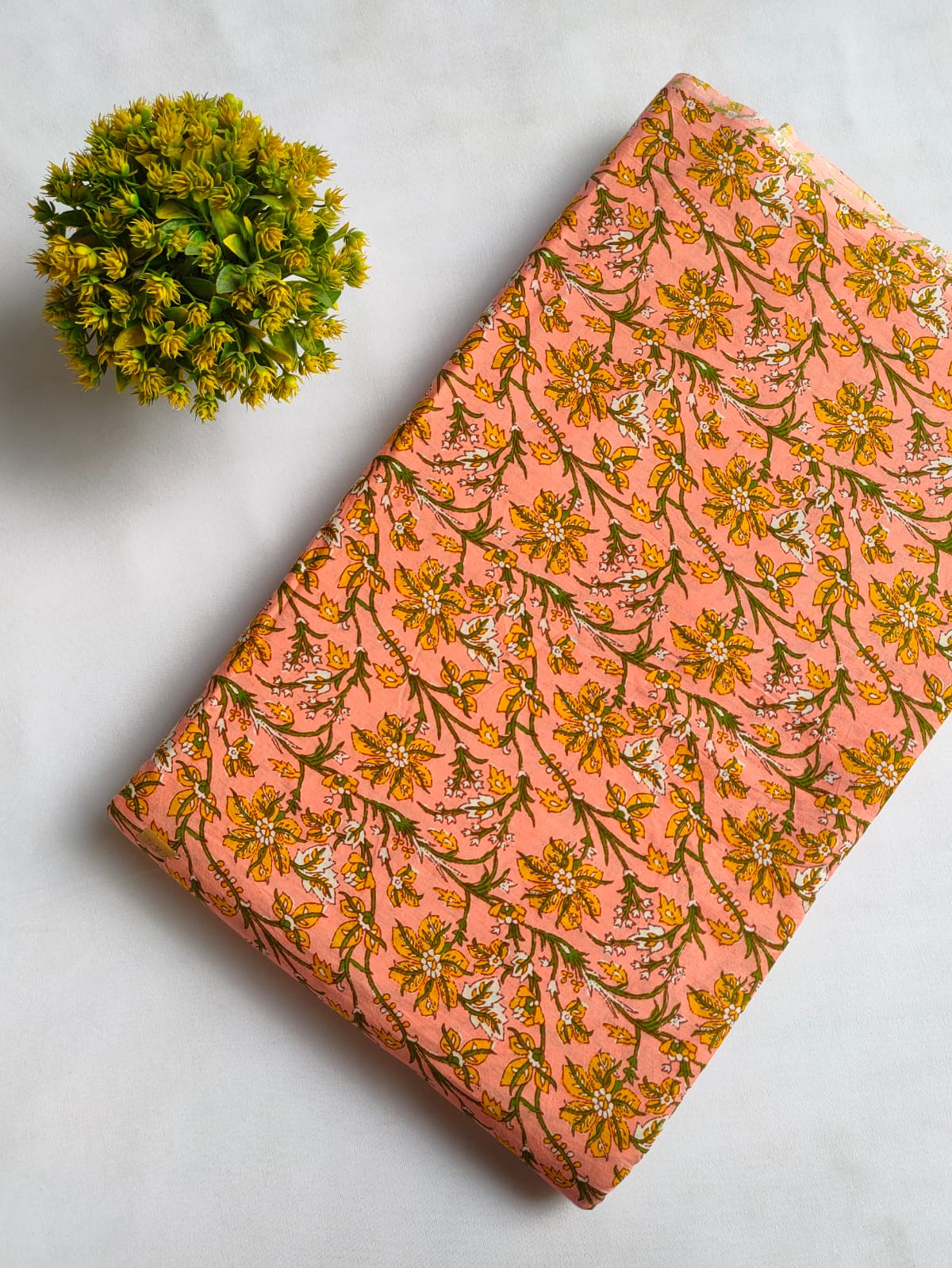 Peach Floral Vine Screen Print Pure Cotton Fabric From Tulsi Prints