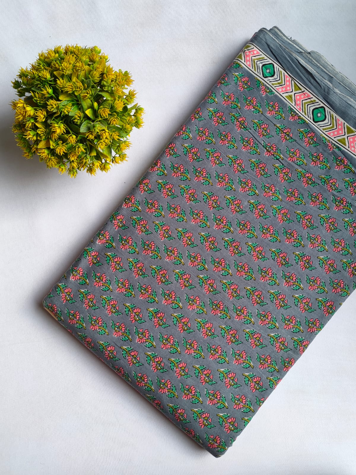 Grey Floral Vine Screen Print Pure Cotton Fabric From Tulsi Prints
