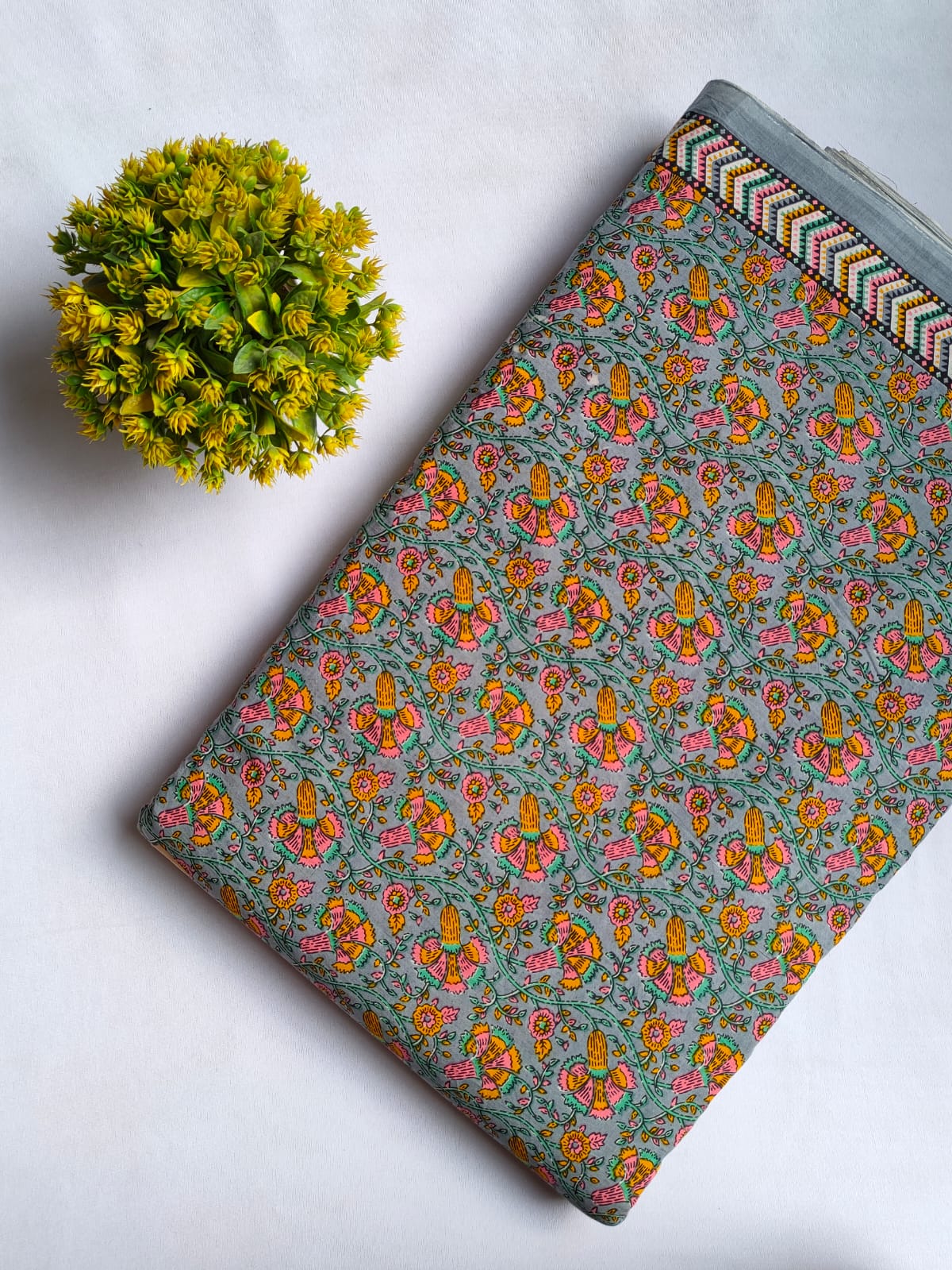 Grey Floral Vine Screen Print Pure Cotton Fabric From Tulsi Prints