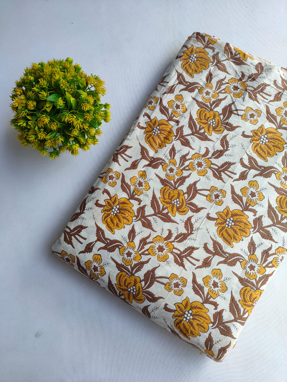 Mustard Yellow Brown Floral Vine Screen Print Pure Cotton Fabric From Tulsi Prints