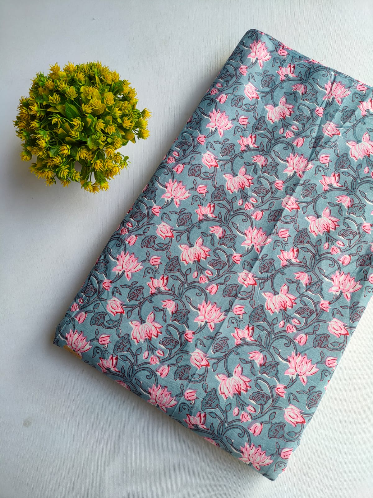 Grey Lotus Floral Vine Screen Print Pure Cotton Fabric From Tulsi Prints