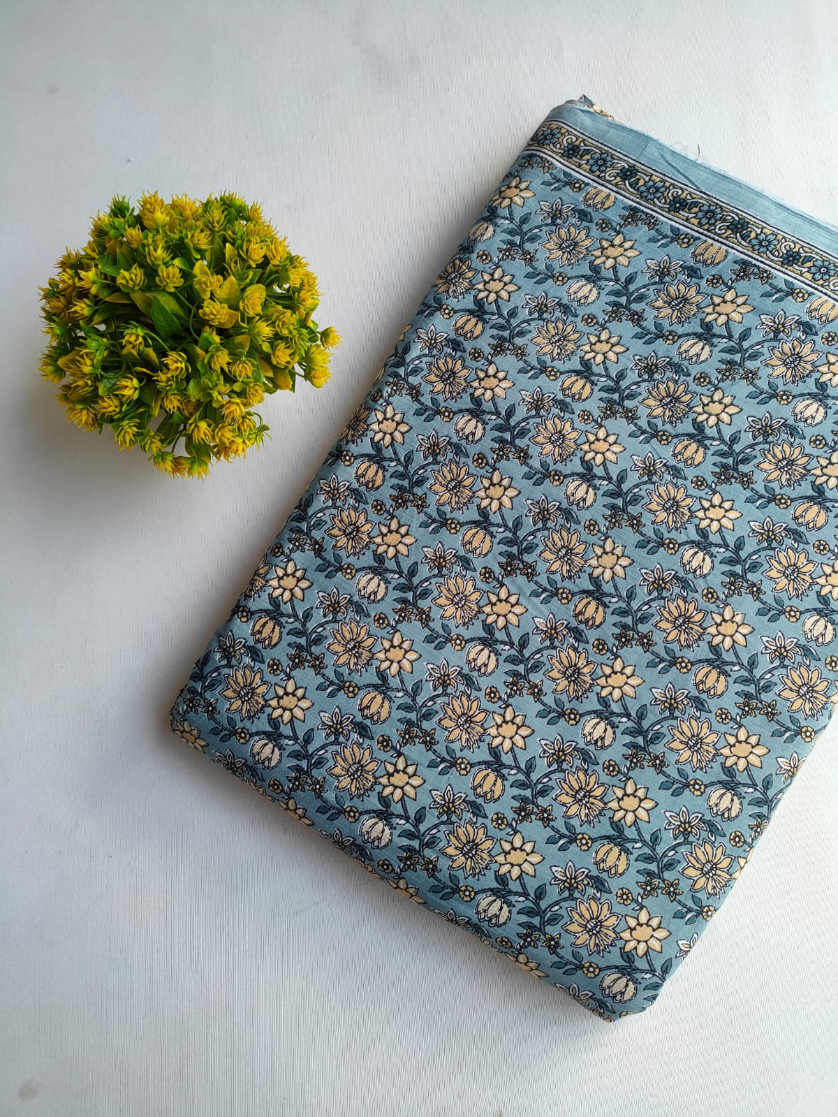 Dusty Blue Floral Vine Screen Print Pure Cotton Fabric From Tulsi Prints