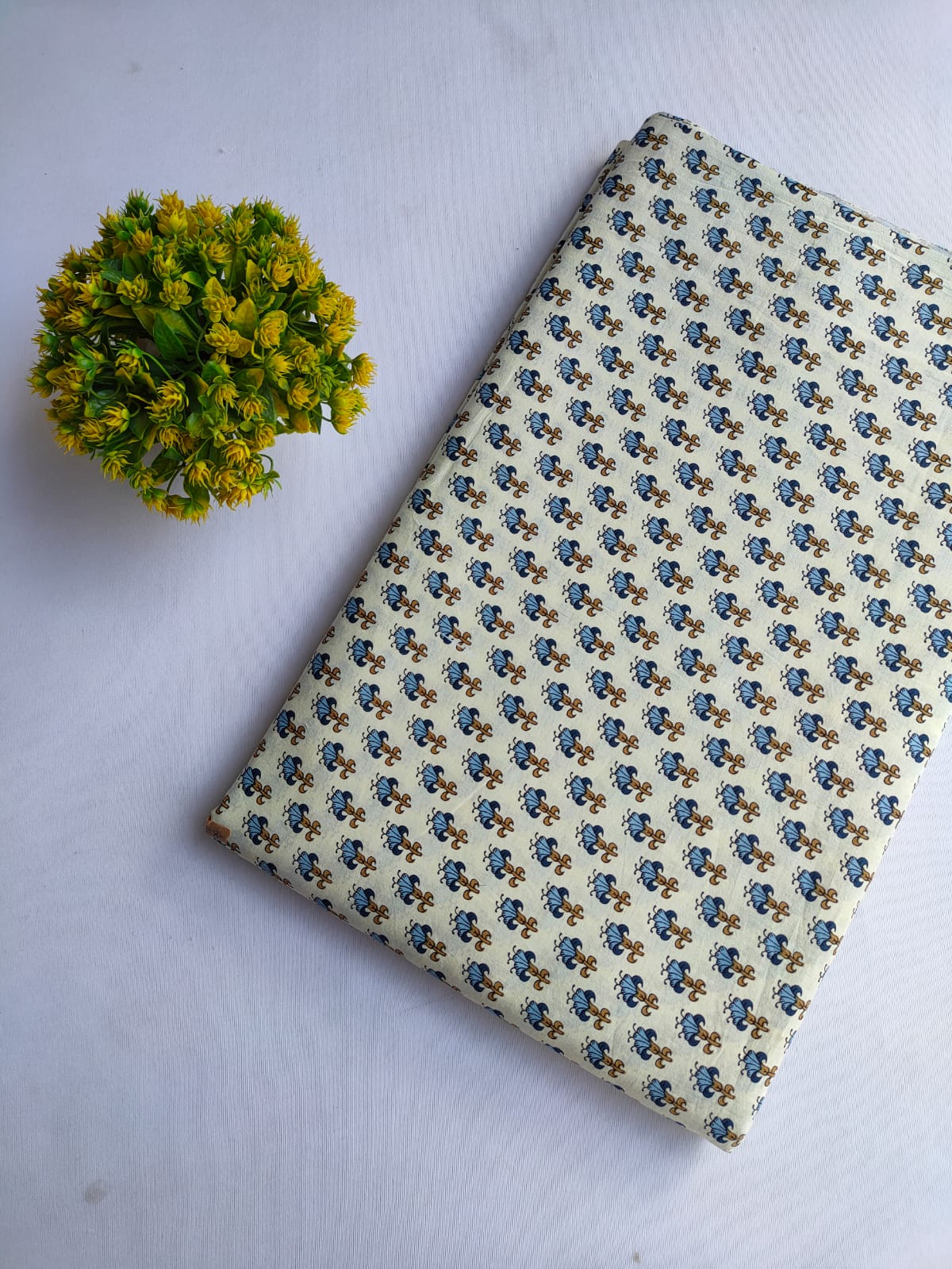 Off White Peacock Motif Screen Print Pure Cotton Fabric From Tulsi Prints