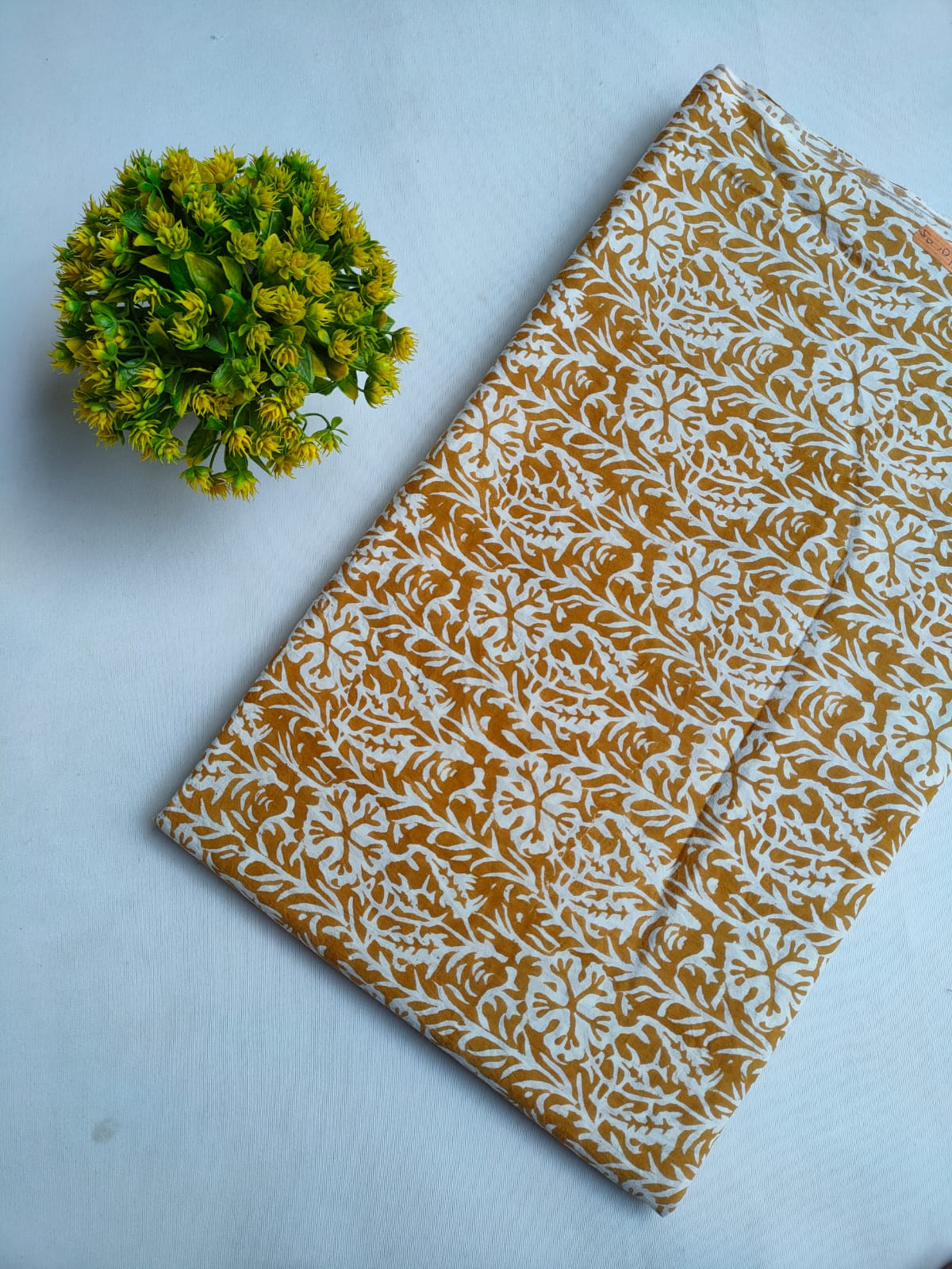 Mustard Yellow Floral Vine Jaipuri Hand Block Print Pure Cotton Fabric From Tulsi Prints