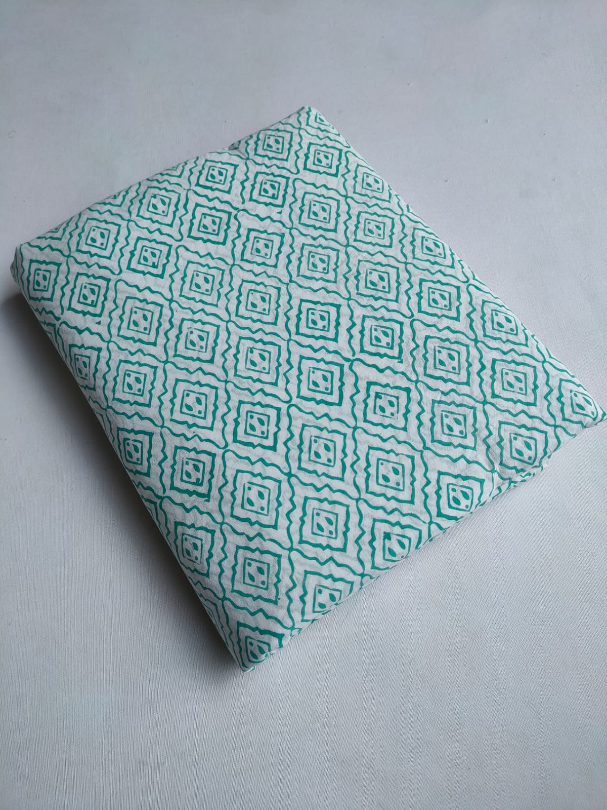 White And Green Geometric Jaipuri Block Print Pure Cotton Fabric From Tulsi Prints