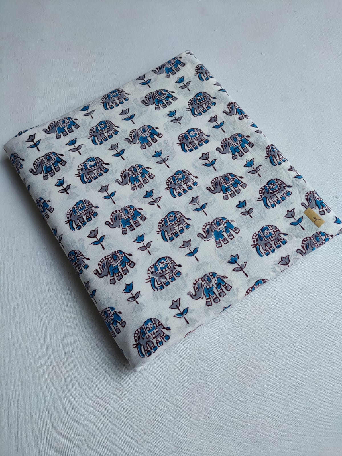White Blue Elephant Motif Sanganeri Hand Block Print Pure Cotton Fabric From Tulsi Prints