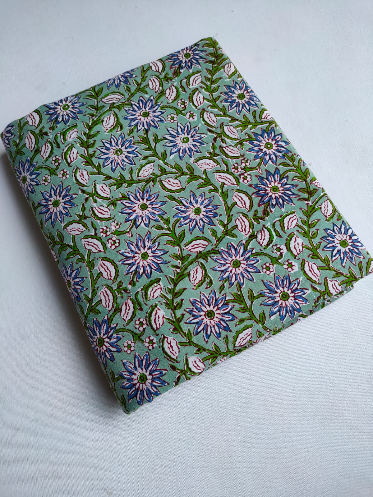 Mint Green Floral Vine Sanganeri Hand Block Print Pure Cotton Fabric From Tulsi Prints
