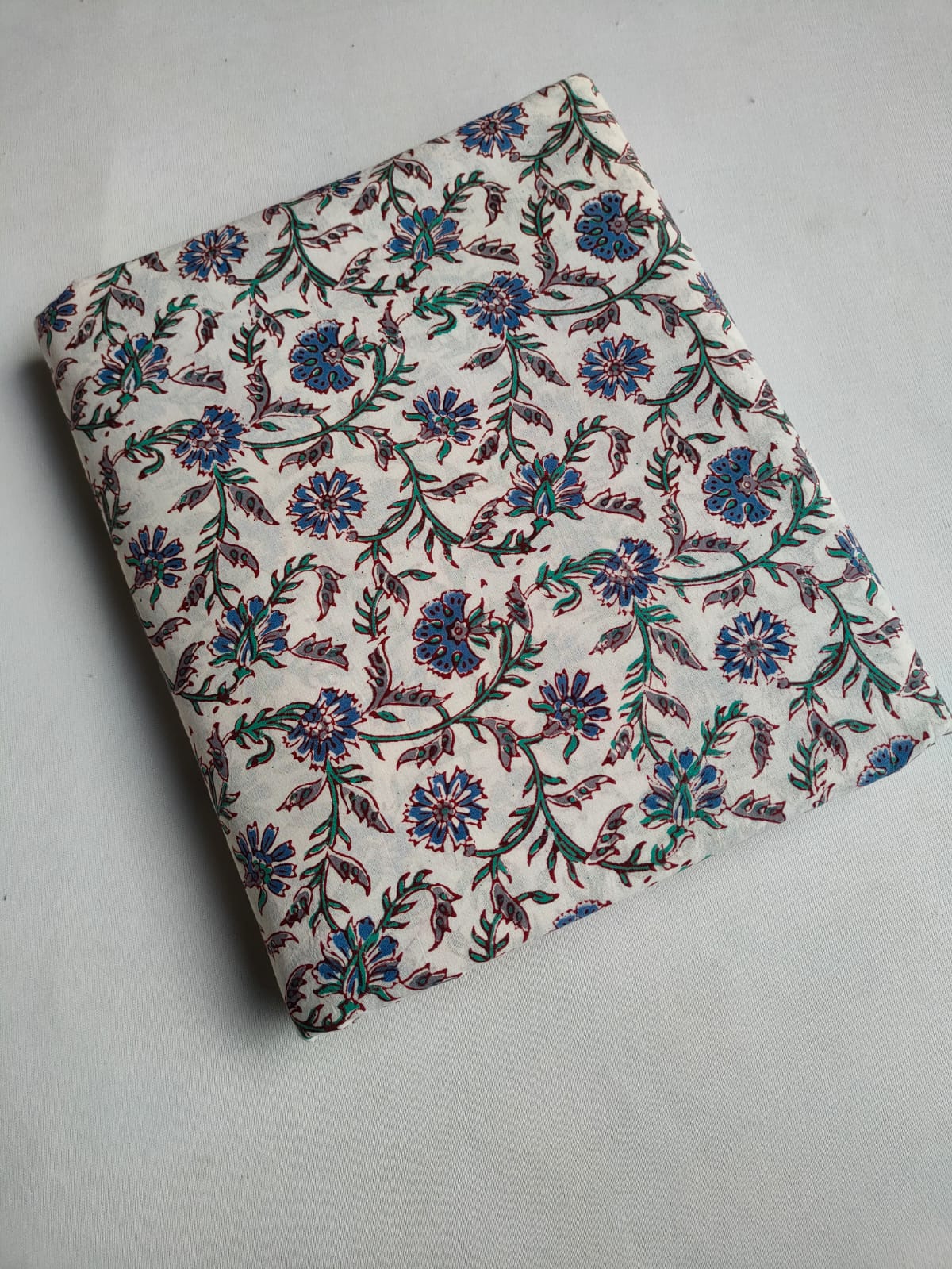 Off White Blue Floral Vine Jaipuri Hand Block Print Pure Cotton Fabric From Tulsi Prints