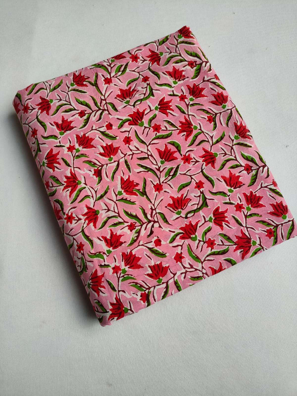 Pink Floral Vine Sanganeri Block Print Pure Cotton Fabric From Tulsi Prints