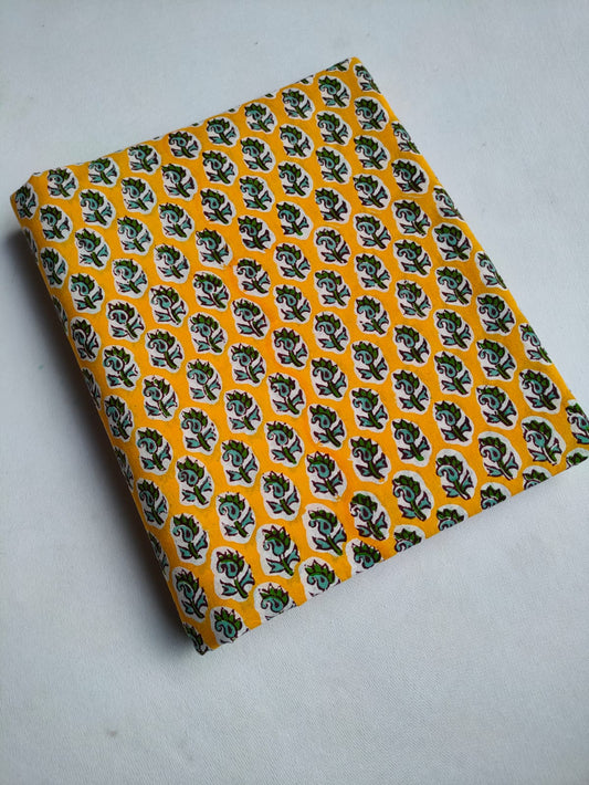 Yellow Paisley Booti Jaipuri Hand Block Print Pure Cotton Fabric From Tulsi Prints