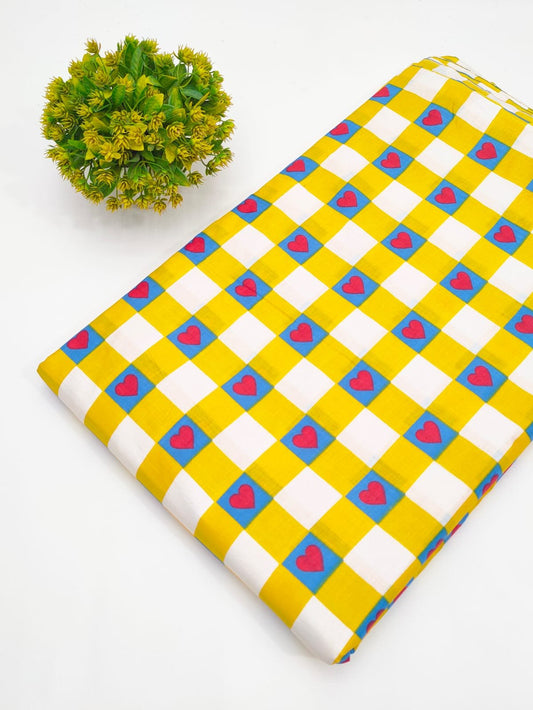 Yellow Heart Check Print Pure Cotton Fabric