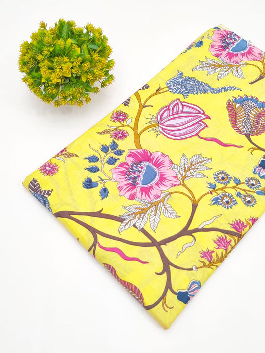 Yellow Multicolor Floral Screen Print Pure Cotton Fabric