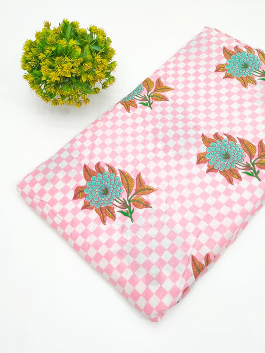 Pink Checkered Floral Screen Print Pure Cotton Fabric