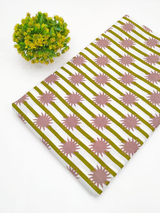 Olive Green Striped Sunburst Screen Print Pure Cotton Fabric