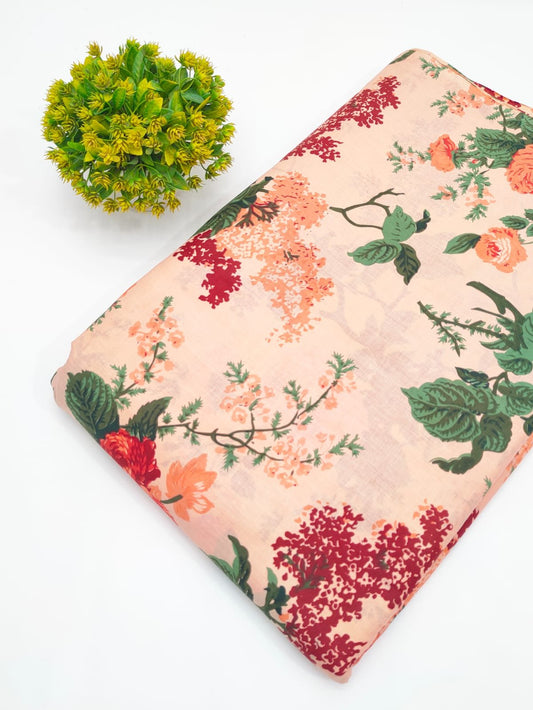 Peach Floral Screen Print Pure Cotton Fabric