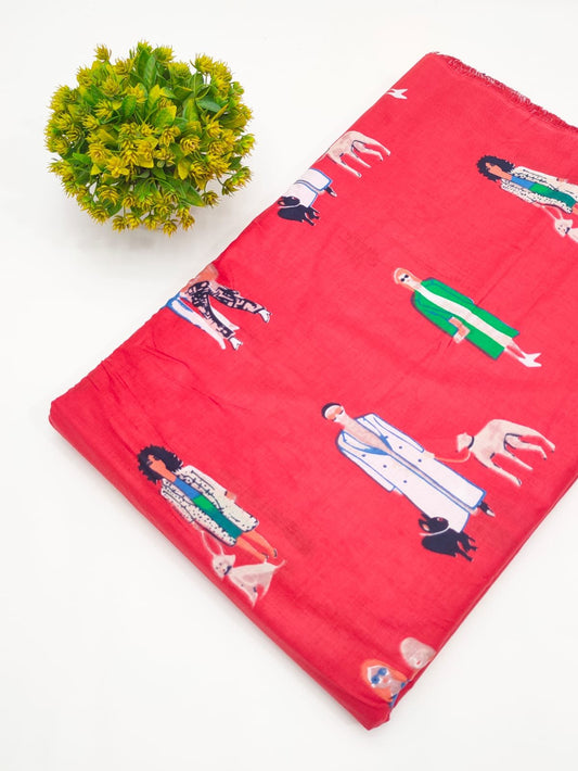 Red Fashion Illustration Screen Print Pure Cotton Fabric