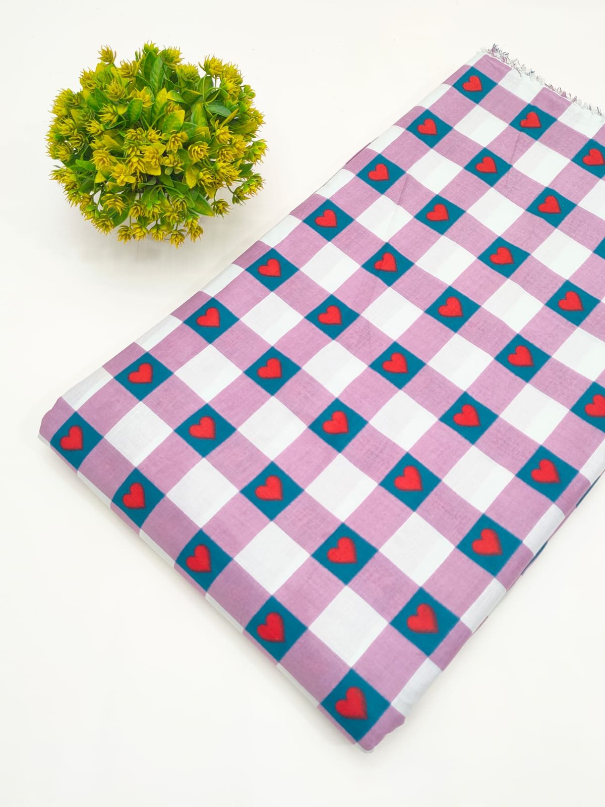 Pink Checkered Heart Print Screen Print Pure Cotton Fabric