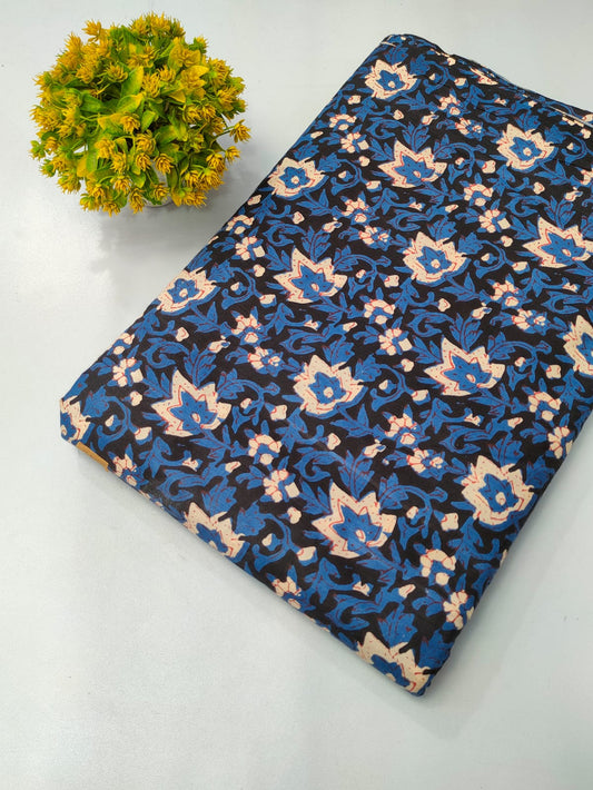 Navy Blue Floral Screen Print Pure Cotton Fabric From Tulsi Prints