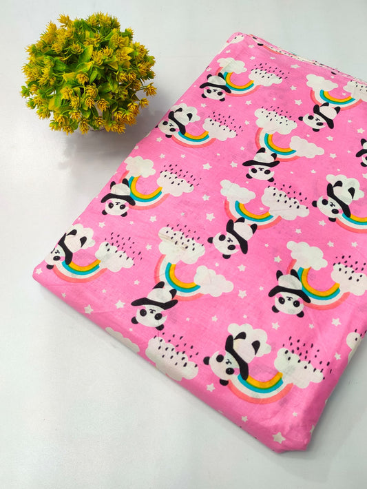 Pink Panda Rainbow Screen Print Pure Cotton Fabric From Tulsi Prints