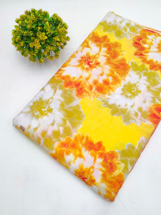 Yellow Orange Botanical Bloom Screen Print Pure Cotton Fabric From Tulsi Prints