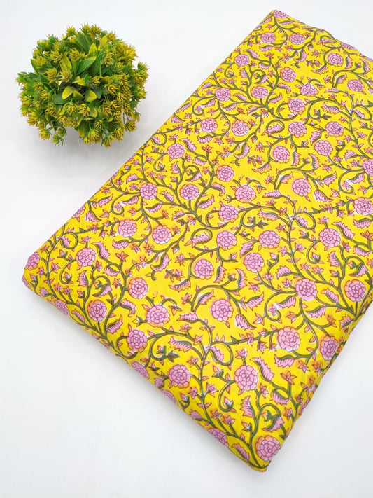 Yellow Floral Vine Screen Print Pure Cotton Fabric From Tulsi Prints