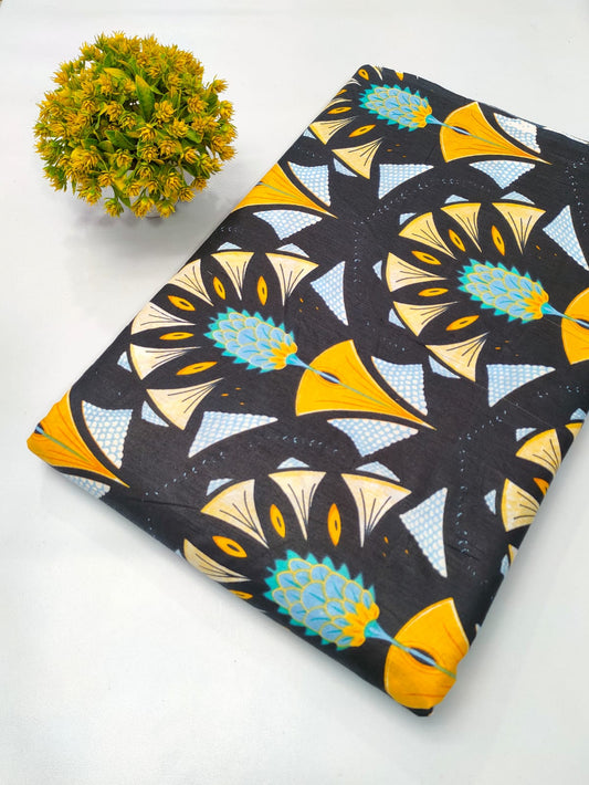 Close-up of Black Floral Screen Print Pure Cotton Fabric from Tulsi Prints