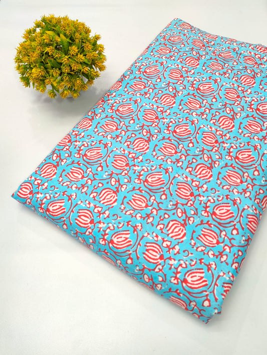 Close-up of Sky Blue Floral Screen Print Pure Cotton Fabric from Tulsi Prints