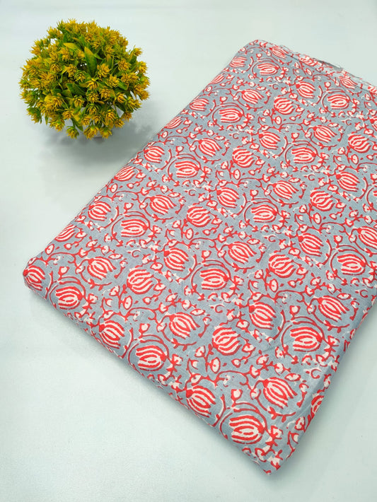Close-up of Grey Floral Screen Print Pure Cotton Fabric from Tulsi Prints